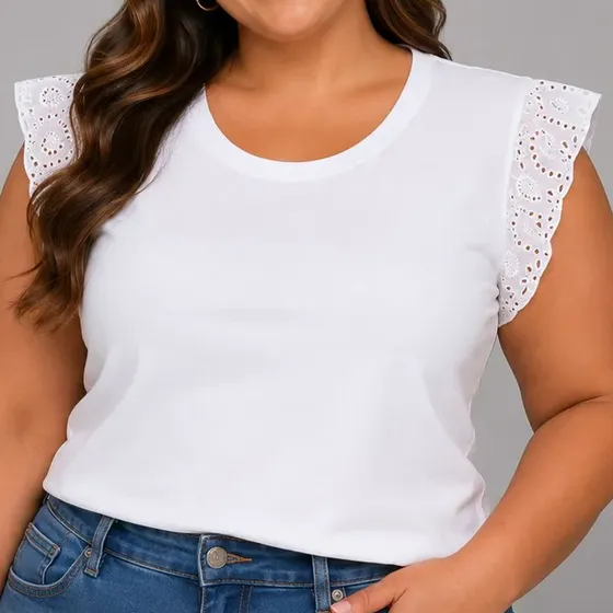 Blusa Plus Size Algodão Manga Laise Copinho Camiseta 25736