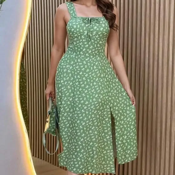Vestido Feminino Midi Florido Acinturado Camponesa Leve