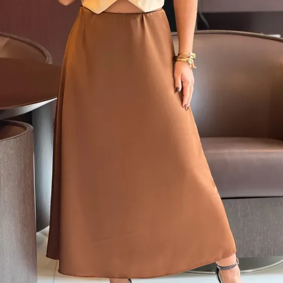 Saia Cetim Feminina Midi Longa Cintura Alta Elegante Luxo