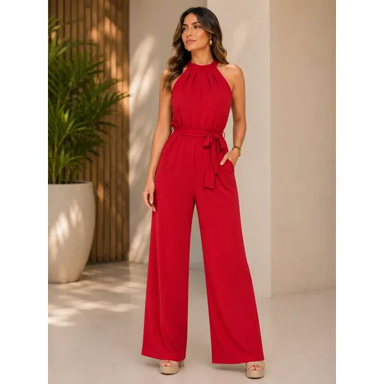 Macacão Longo Sofisticado Básico C Bolso Ajustável Pantalona