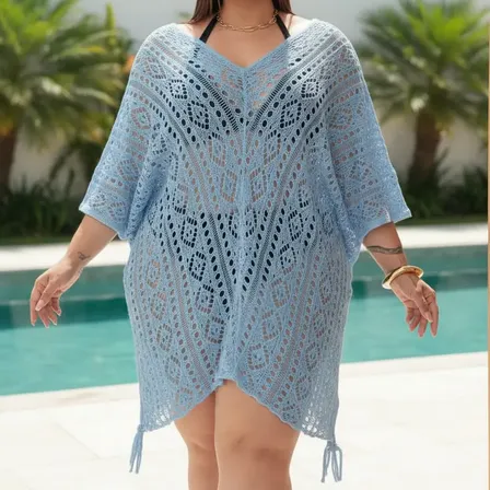 Saída De Praia Plus Size Tricô Curta Ombro Caído Faby Tricot