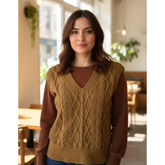 Colete Feminino Tricot Trançado Gola V