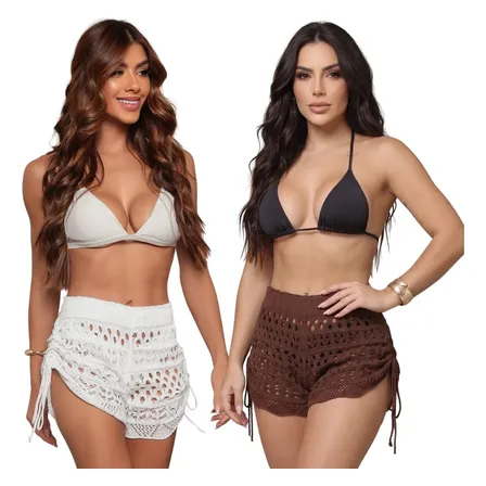 Kit 2 Saídas De Praia Shorts Tricô Ajustável Cintura Alta