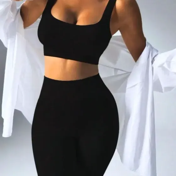 Conjunto Legging + Top Canelado Feminino Fitness Poliamida
