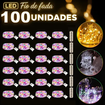 Kit 100 Cordão Led Fada 2 Metros 20 Leds 3 Funções Bateria