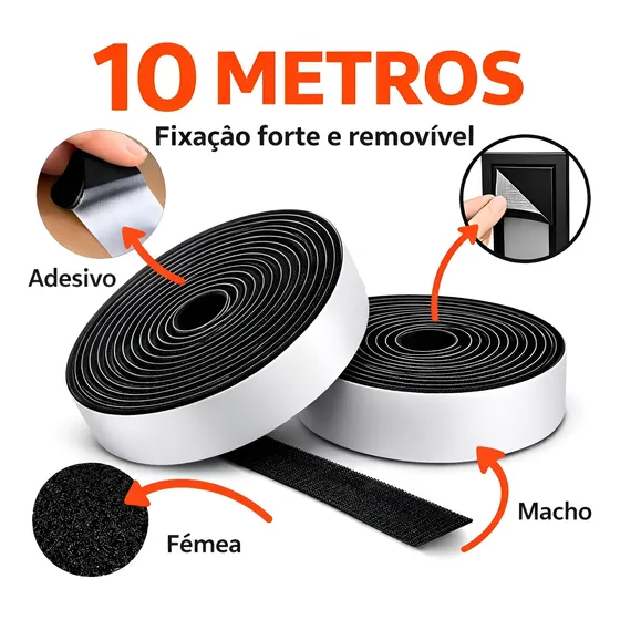 Fita Fecho Contato Adesivo 10 Metros Preto 20mm Macho E Fême