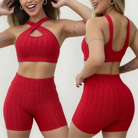Conjunto De Academia Short E Cropped Fitness Jacquard Bolha