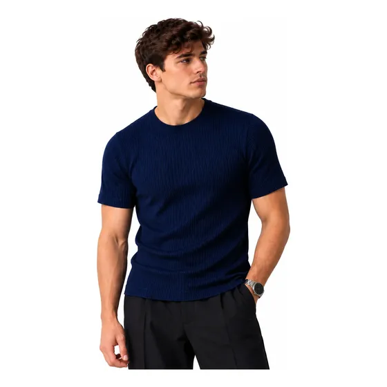 Camisa Masculina Malha Canelada Manga Curta Slim Luxo