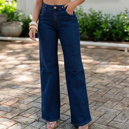 Calça Jeans Wide Leg Lycra Premium Cintura Alta Blogueira