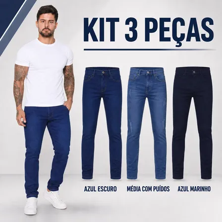 Kit 3 Calças Jeans Skinny Slim Tradicional Masculina Lycra