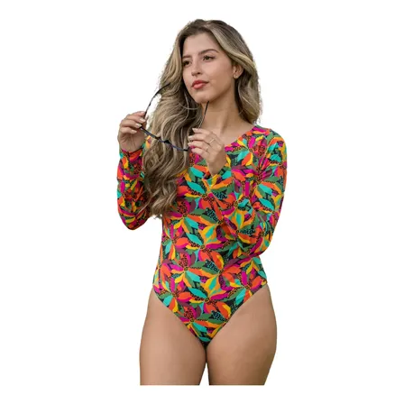 Maiô Feminino Manga Longa Proteção Uv Sem Bojo Corpo Forrado