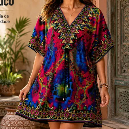 Kaftan Feminino Saída De Praia Decote V Tamanho Único Túnica