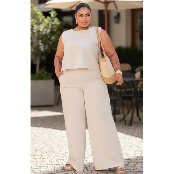 Conjunto Feminino Plus Size Blusa E Calça Linho G1 G2 G3