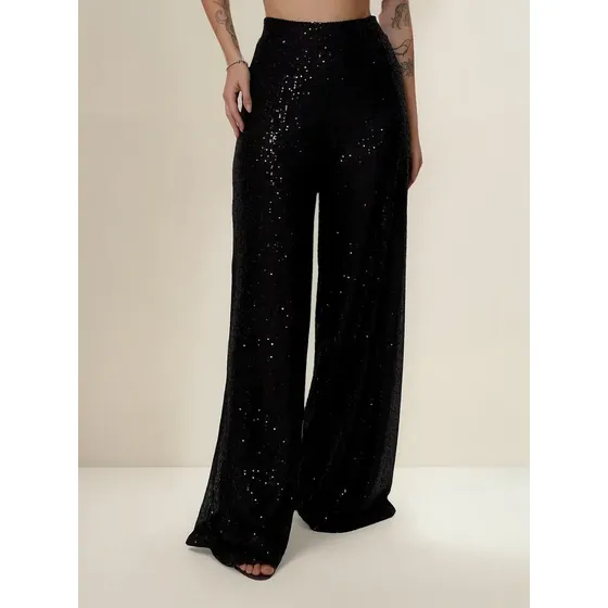 Calça Pantalona Paetê Tuda Forrada Cintura Alta Brilho Festa