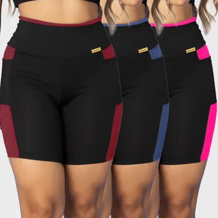Kit 3 Shorts Fitness Feminino Bolso Academia Tarelles