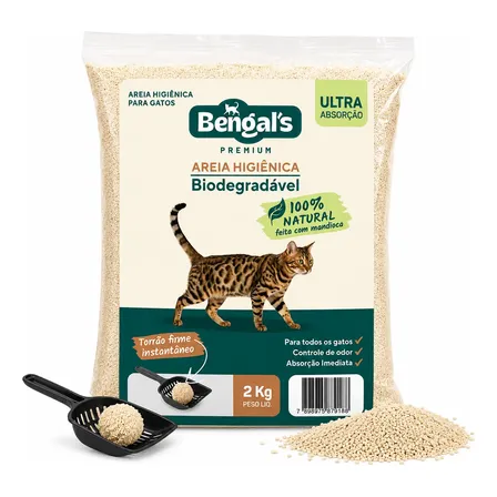 Areia Higiênica Biodegradável Gato Mandioca Fina Bengals 2kg