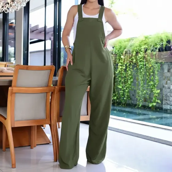 Jardineira Feminina 100% Viscose Com Bolsos Elegante E Leve