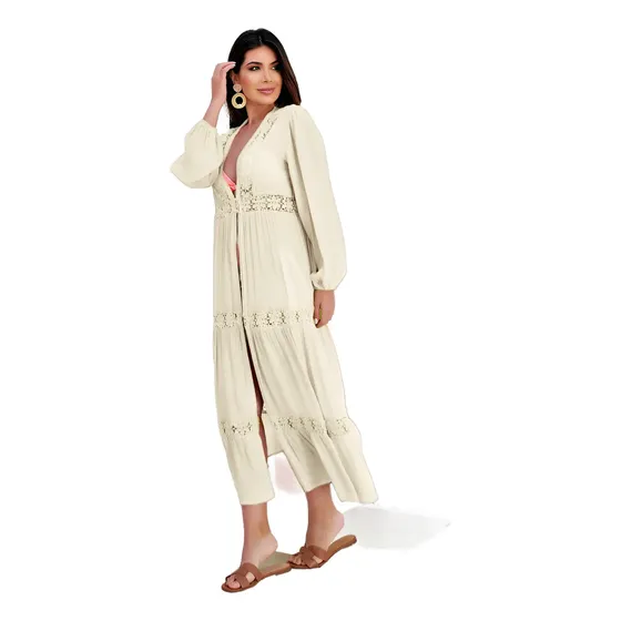 Saida De Praia Feminina Longa Chemise Long Manga Longa