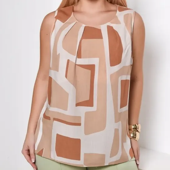 Blusa Feminina Regata Estampada Com Pregas Em Viscolinho