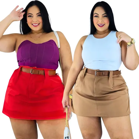 Kit 2 Short Saia Plus Size Alfaiataria Com Cinto Casual