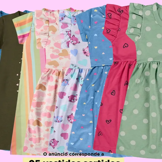 Kit 05 Vestido Infantil Menina Barato Coloridos Estampados