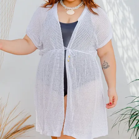 Saída De Praia Tricot Plus Size Colete Cordão Verão Banho