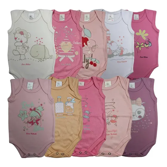 Kit Com 10 Bodys Bebê Regata Estampado Bicho Molhado