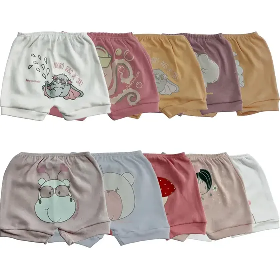 Kit Com 10 Shorts Bebê Estampado Bicho Molhado