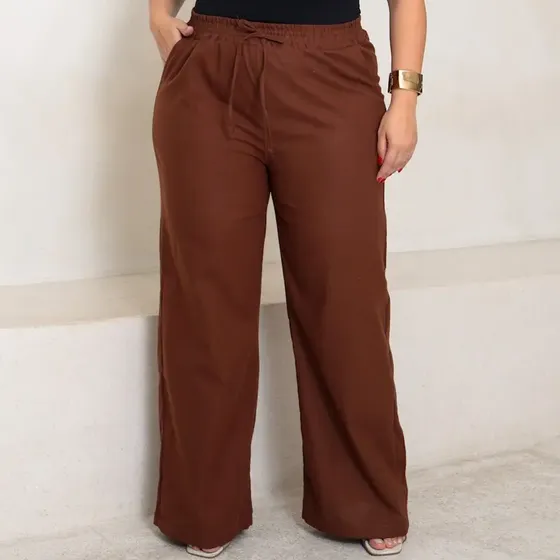 Calça Feminina Plus Size Pantalona Wide Leg De Linho