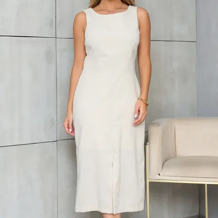 Vestido Midi De Linho Com Fenda E Forro Interno
