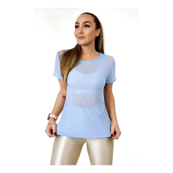 Camiseta Feminina Fitness Tule Transparente Academia Leve