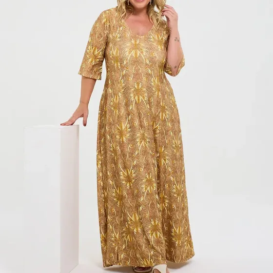 Vestido Longo Plus Size Feminino Manga 3/4 Seroy 690
