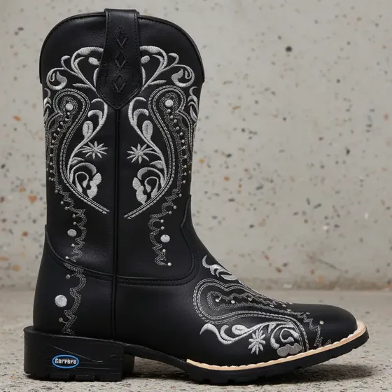 Bota Feminina Texana Country Em Couro Bordada Flores Negras