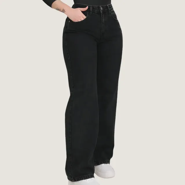 Calça Jeans Feminina Wide Leg Pantalona Cinza Grafite