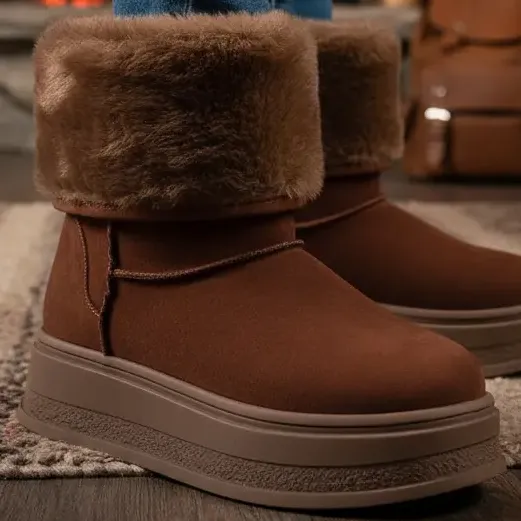 Bota De Pelos Feminina Forrada Plataforma 2 Em 1 Cano Medio