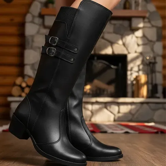 Bota Feminina Cano Alto Montaria De Zíper Macia Toda Forrada