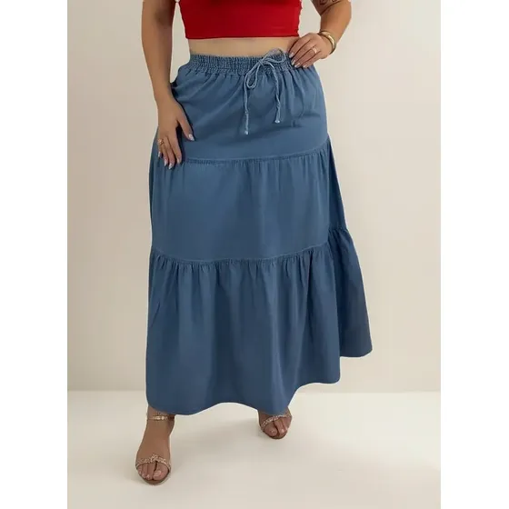 Saia Longa Jeans Plus Size Feminina 3 Marias Cos Elastico