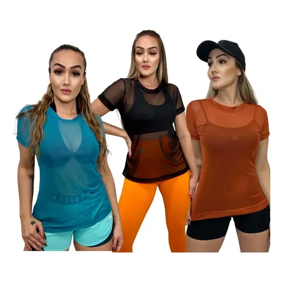 Kit 3 Blusas Tela Vaporosa Verão Poliamida Treino Sobrepor