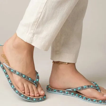 Chinelo Dedo Perolas Azul Rasteirinha Luxo Conforto Casual
