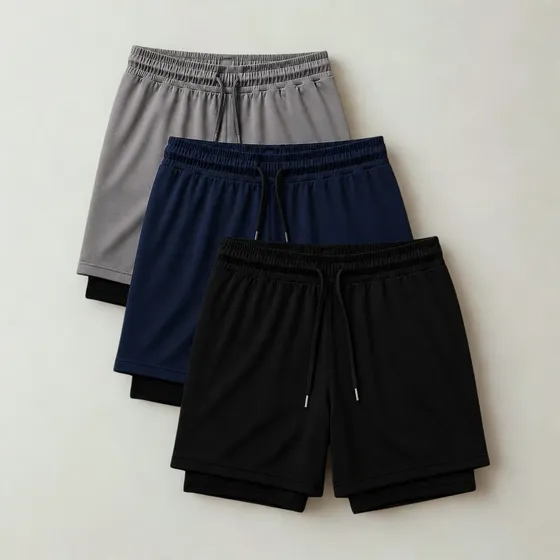 Kit 3 Shorts 2 Em 1 Duplo Academia Treino Corrida Bermuda