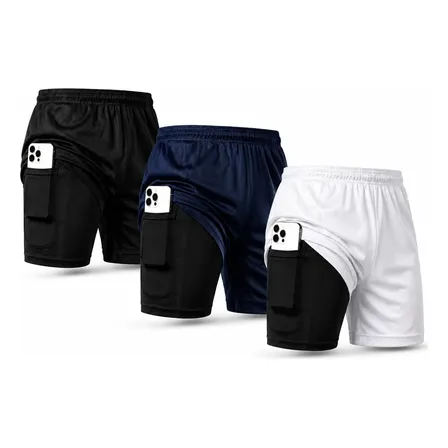 Kit 3 Shorts 2 Em 1 Duplo Para Academia Treino Corrida Bolso