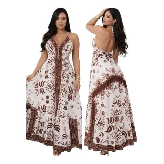 Vestido Longo Indiano Feminino Estampado Boho Frente Única