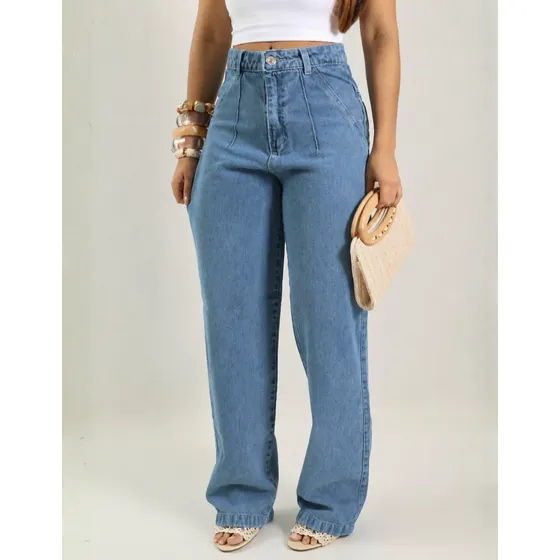 Calça Jeans Wide Leg Feminina Cintura Alta Plissada Premium