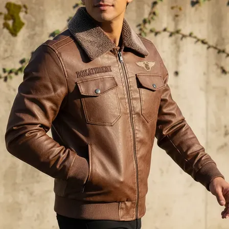 Jaqueta De Couro Masculina Estilo Aviador Com Fleece Para Bo