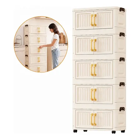 Armário Dobrável 5 Andares C/ Rodas Portas Transp.creme