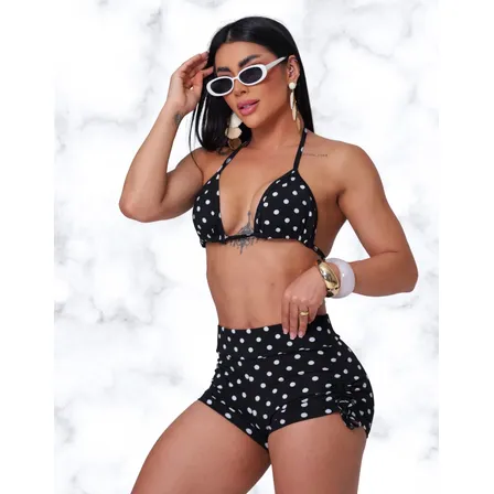 Biquíni Feminino Top Cortininha E Shortinho Cós Alto Poá