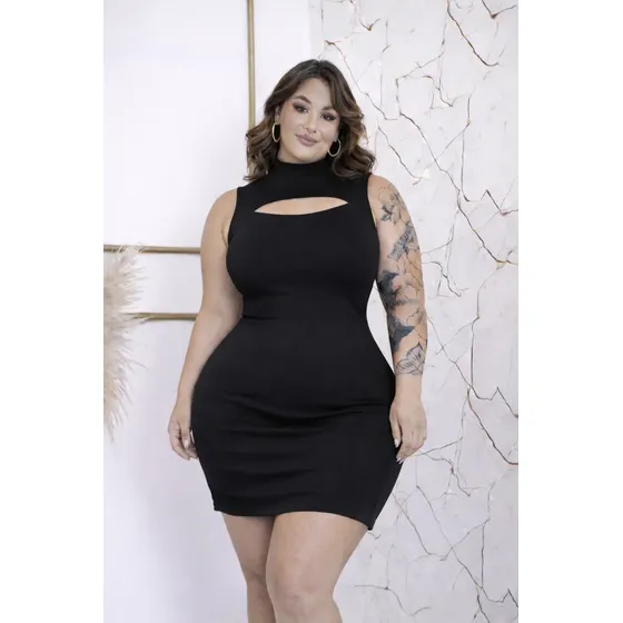 Vestido Feminino Suplex Gola Alta Com Recorte Slim Plus Size