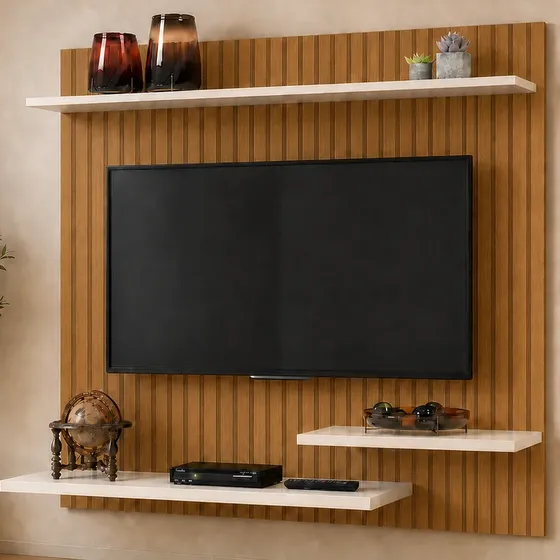 Painel Para Tv 32 Moderno Suspenso 90x90cm Com 3 Prateleiras