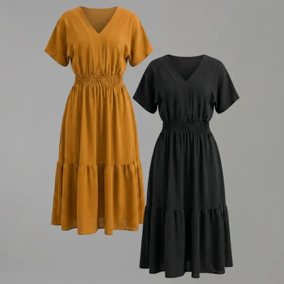 Kit 2 Vestidos Midi Evangelico Lastex Gola V Festa Feminino
