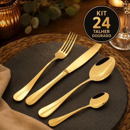 Kit 24 Talheres Dourado Premium Inox Colher Garfo Faca Luxo